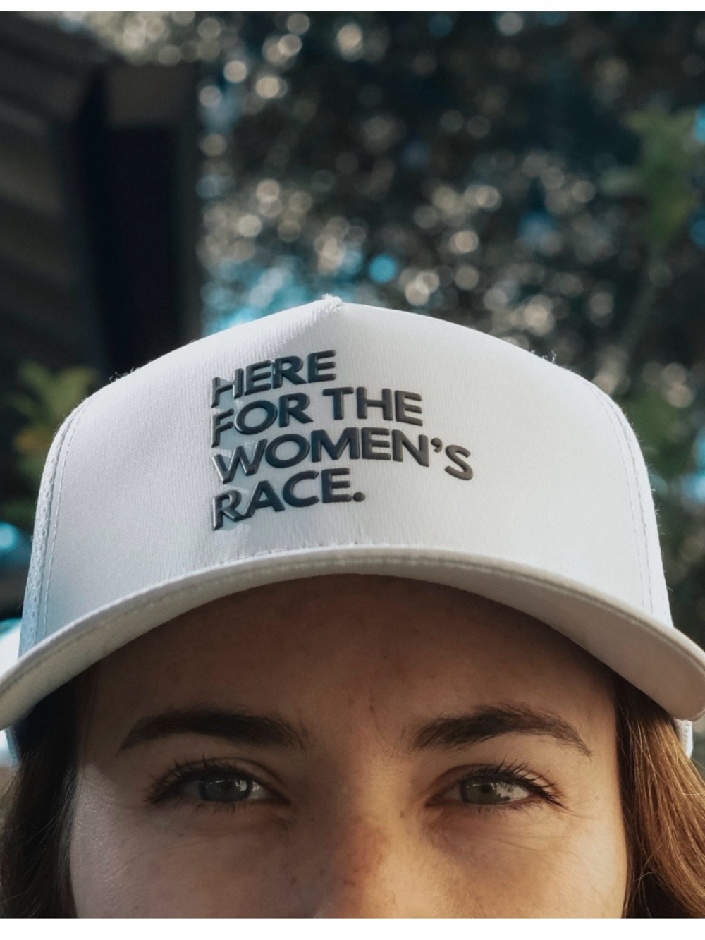 WTF Here for the Women's Race White Trucker Hat Pressio 365 Gray Mesh Adjustable